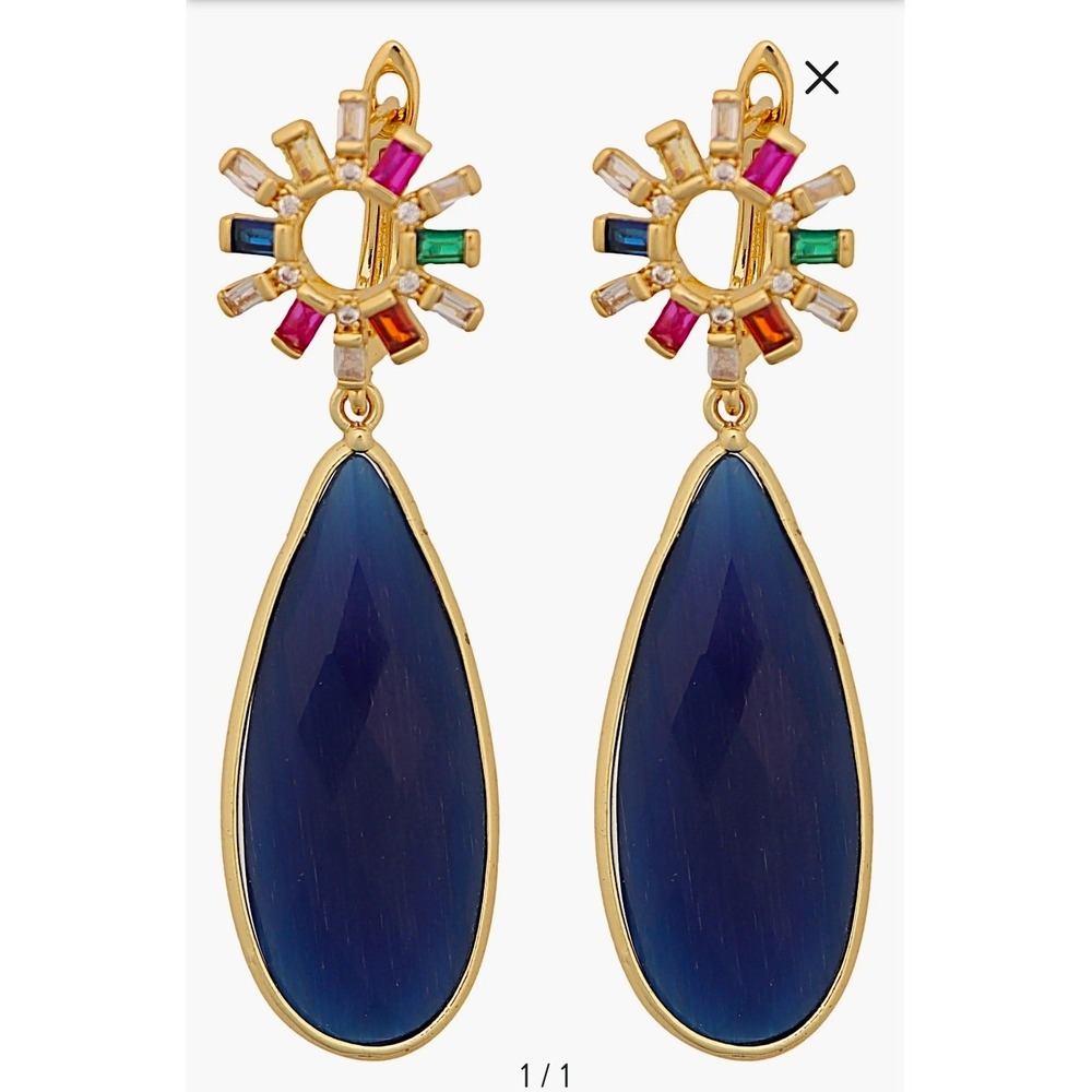 Elegant Multi‎ Color Crystal Teardrop Earrings Gold Navy Blue Sunburst Evening